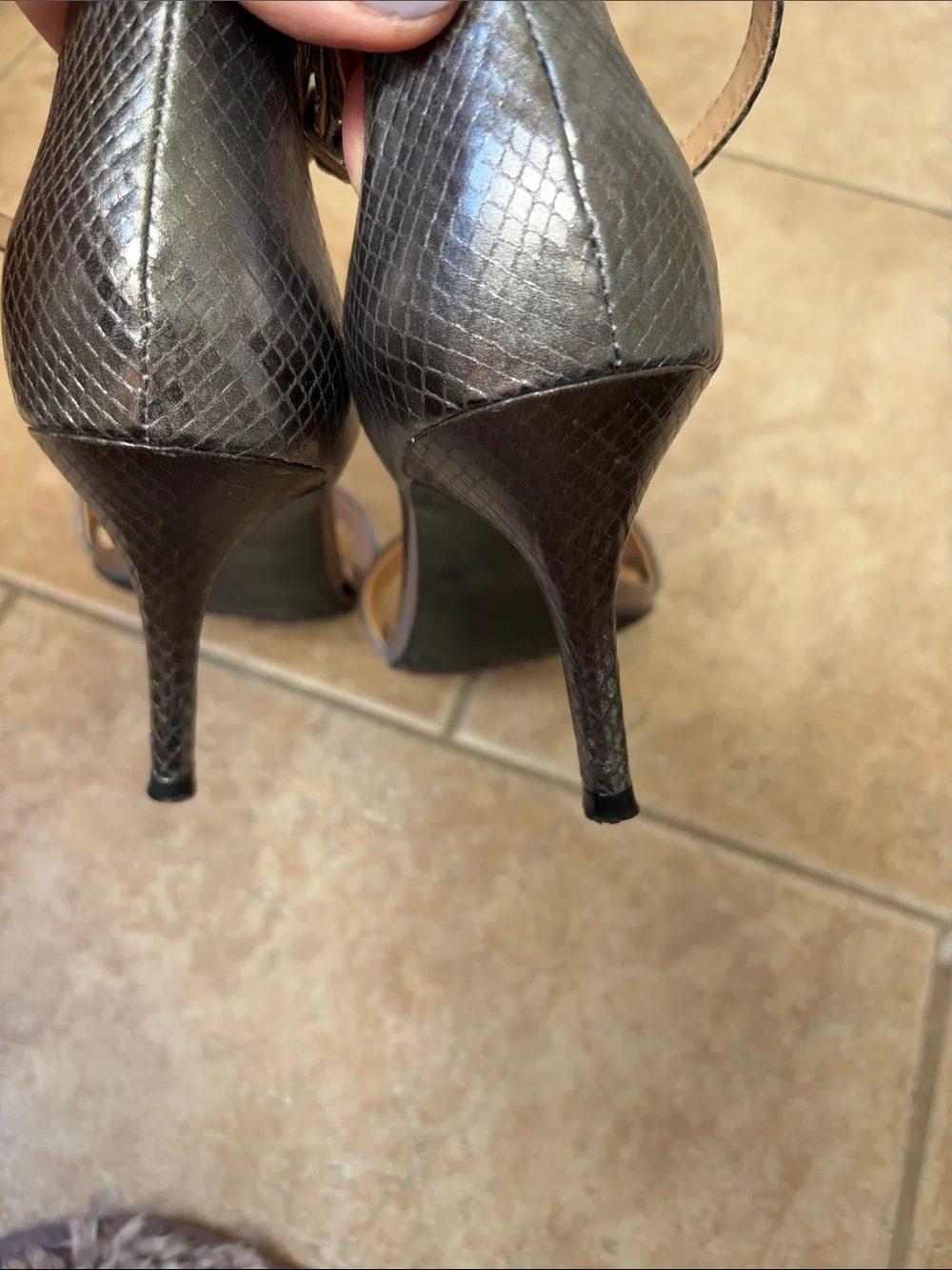 bp Silver/Bronze Metallic Snake-Embossed Ankle Strap Heels. Size 7M